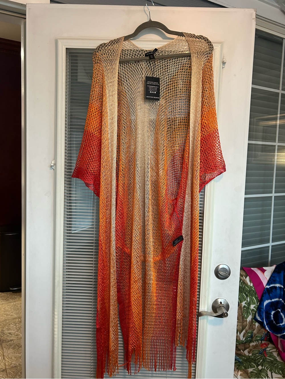 Boston Proper Gradient Open-Knit Fringe Duster in Cream, Orange, Red